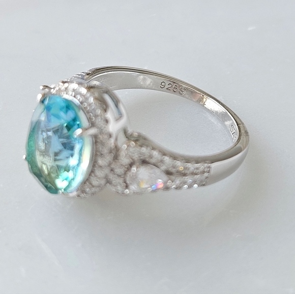 Blue & Teal Aquamarine Oval Cushion cut Gemstone ring, 925 Sterling Silver - Picture 2 of 5